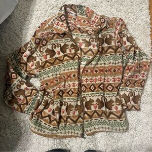 BonWorth Brown and Green Teddy Jacket with Intricate Pattern and Relaxed Fit